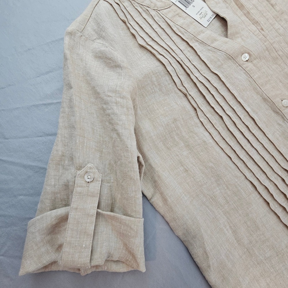 J. McLaughlin Tan Rivera Linen Dress V-Neck Button Up Roll Tab Sleeves NWT L444
